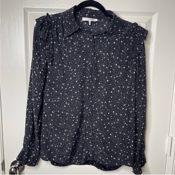 FRAME Diamond Sky Star Silk Print Blouse Top Shirt White Button Down Ruffle XS - Picture 9 of 14
